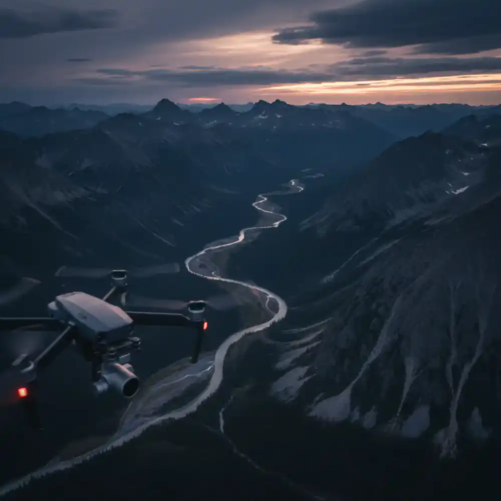 Drone capturing a cinematic landscape from high altitude