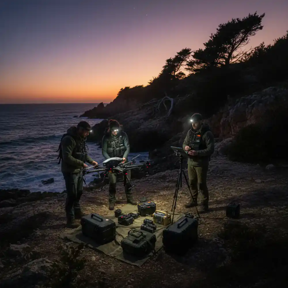 Drone operators setting up equipment on location