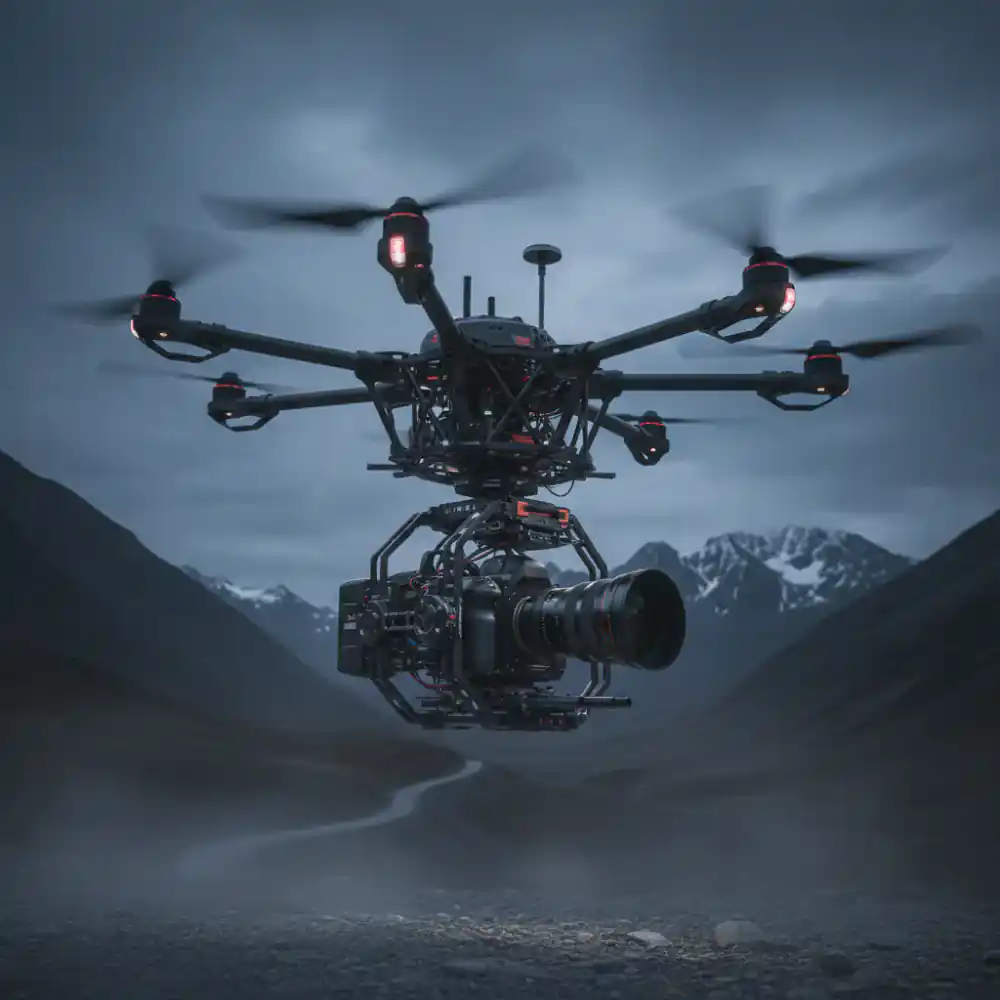 Heavy lift drone carrying a cinema camera