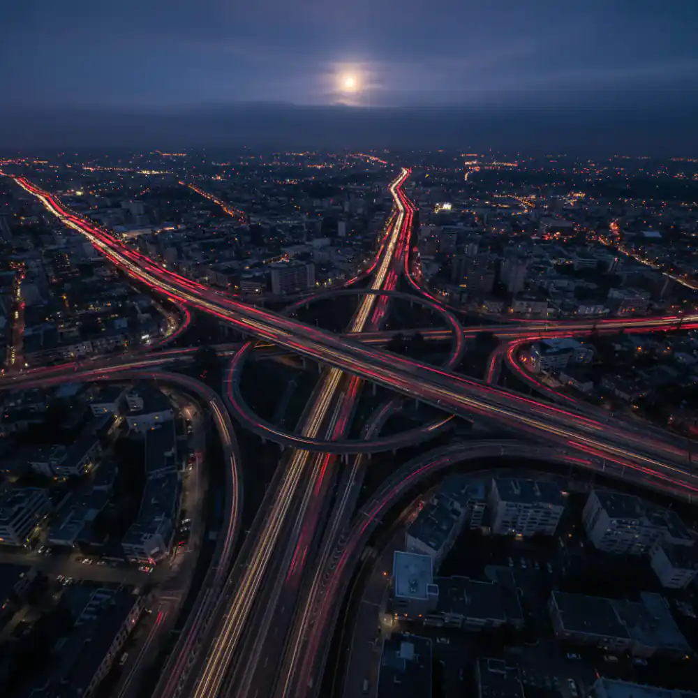 High altitude top-down view of city intersections