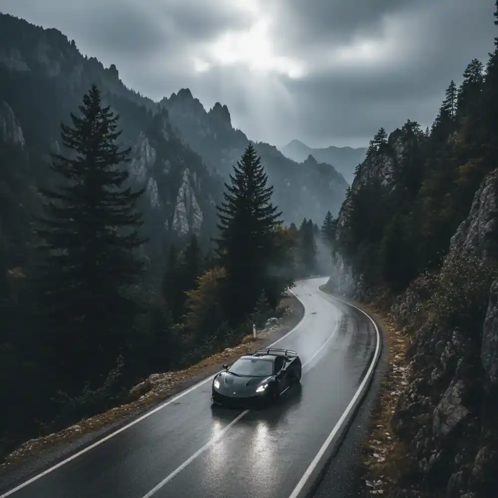 Drone tracking a sports car through a mountain pass