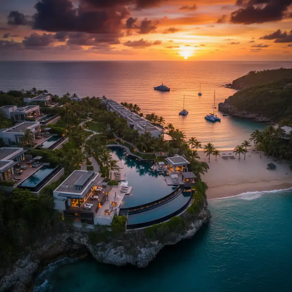Aerial view of a coastal luxury resort at sunset