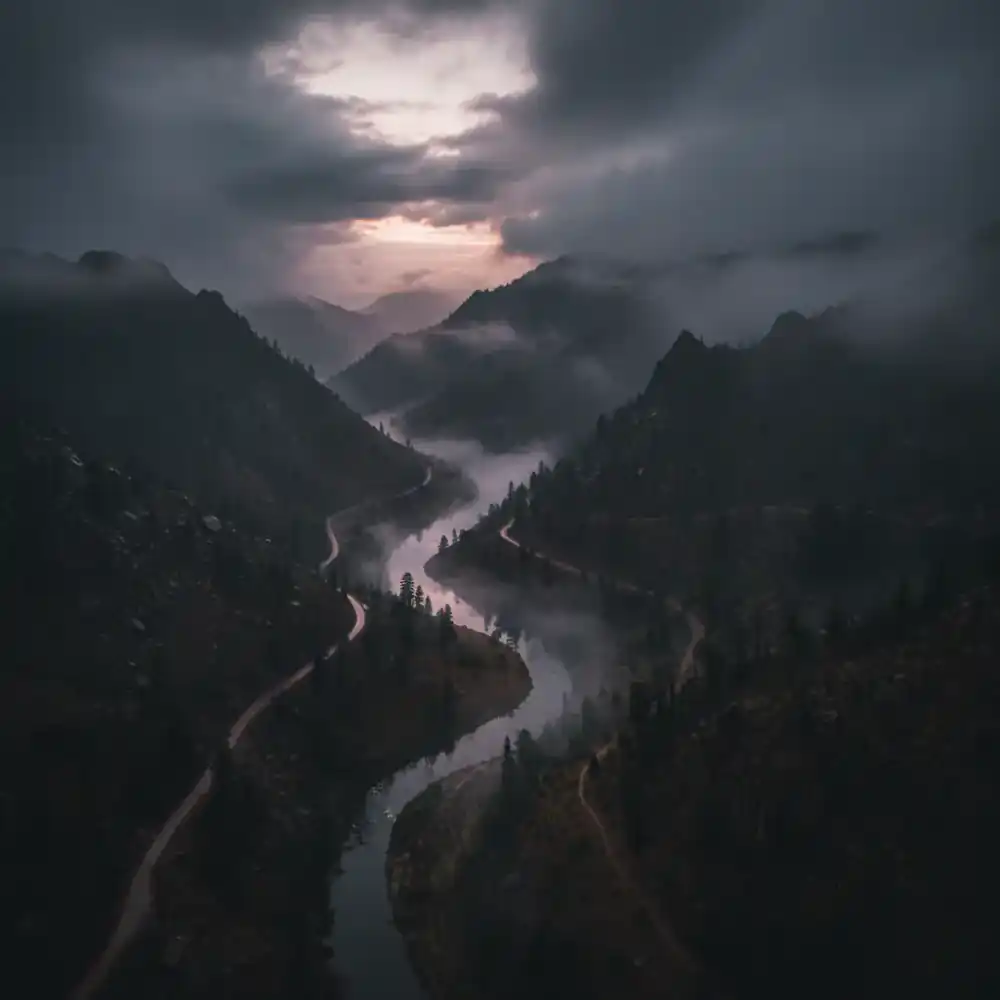 Cinematic dark and moody drone flight background